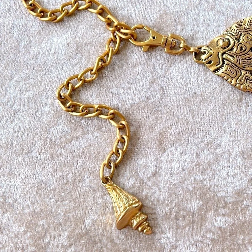 VINTAGE Gold Tone Tropical Angel Fish Chain Belt Metal Cinch Waist Lobster Clasp